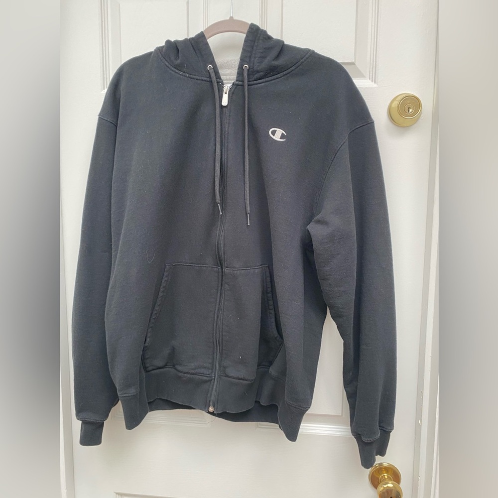 Champion Men's Dark Gray Zip-Up Sweatshirt w Hood - Size L